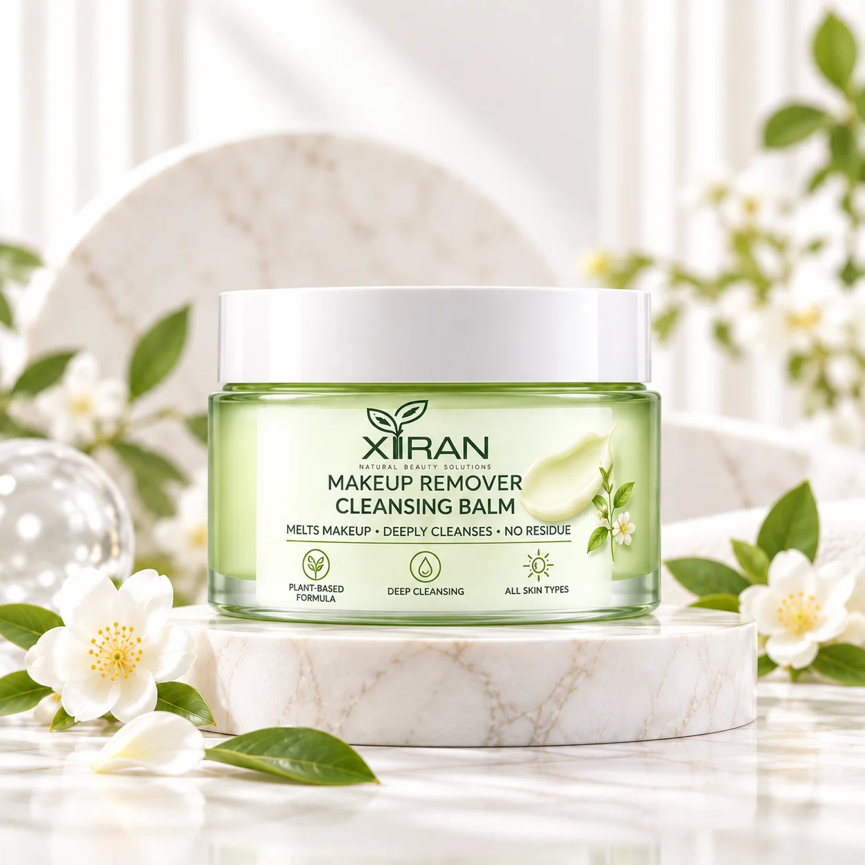 XIRAN makeup remover cleansing balm in a green jar placed on a marble surface surrounded by white flowers and leaves.